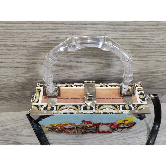 Cigar Box Purse Adorable Kitten's Design Silver Trim Sequins Checker Interior - Picture 3 of 16